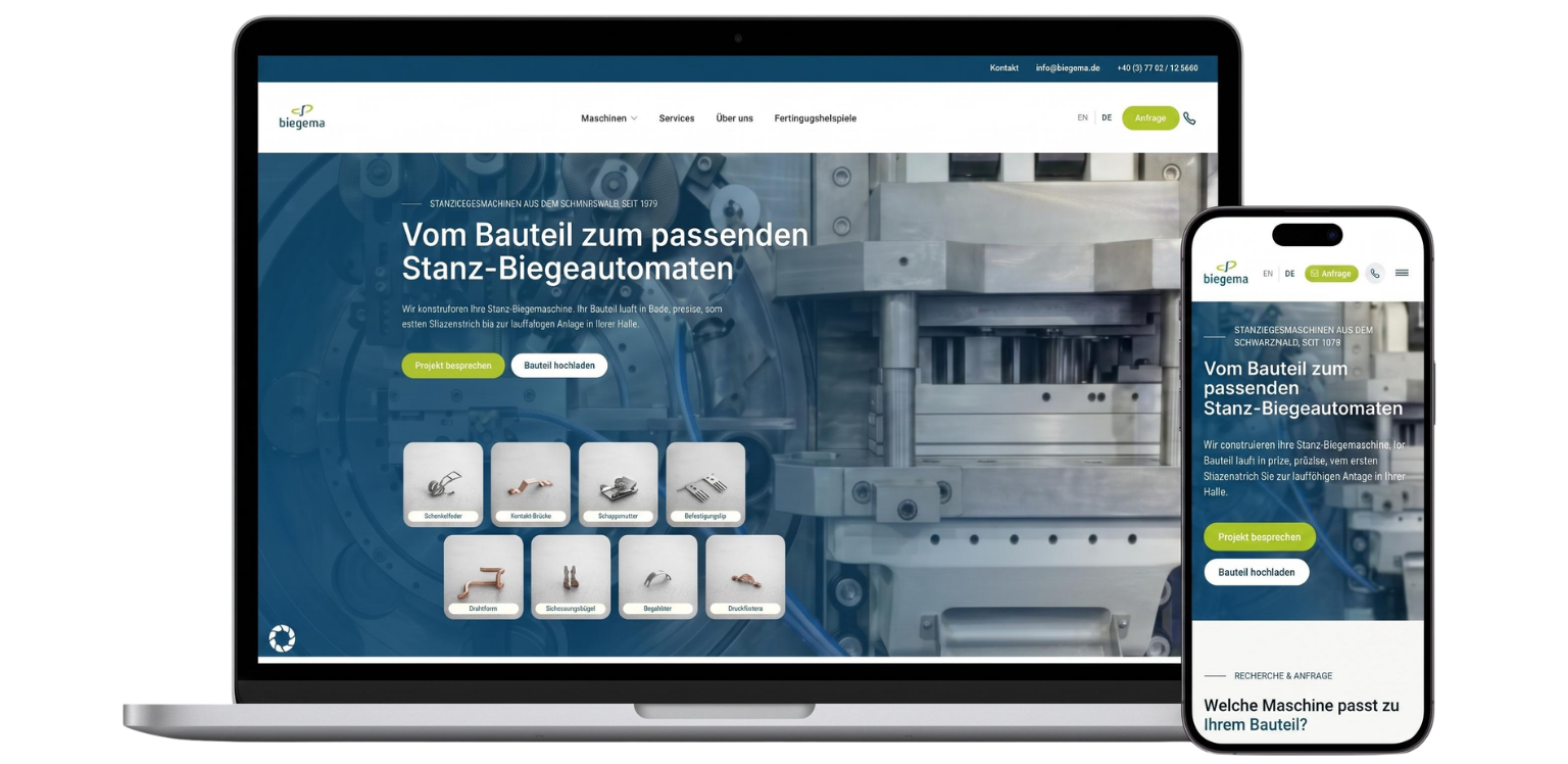 Vorschau der neuen Website eines Maschinenbauers in der Desktop Version sowie in der Mobile Version