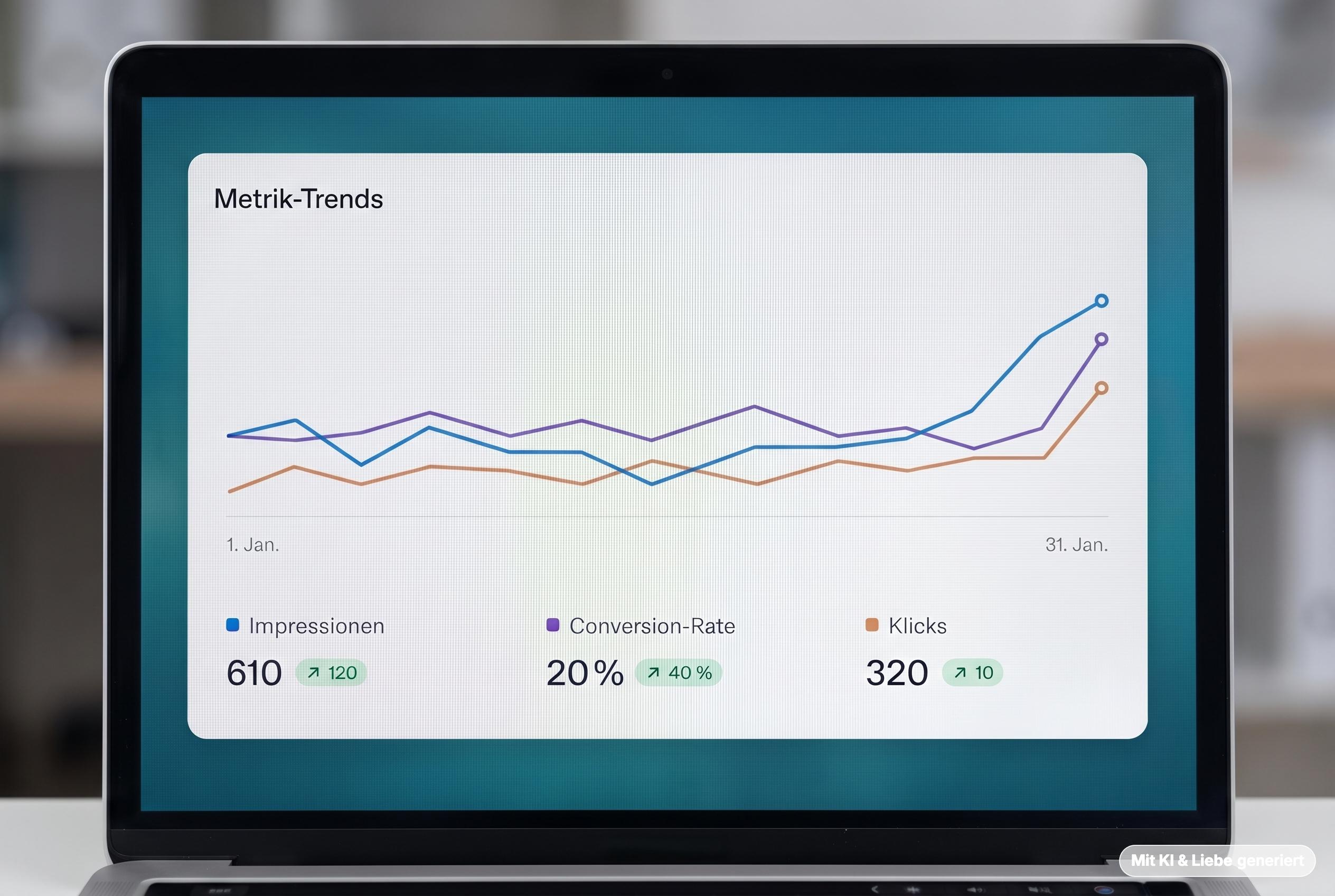 Laptop-Bildschirm zeigt ein Dashboard mit 'Metrik-Trends' und einem Liniendiagramm für Impressionen (blau), Conversion-Rate (lila) und Klicks (orange) vom 1. bis 31. Januar. Die Daten zeigen am Ende des Monats gestiegene Werte, insbesondere für Impressionen und Conversion-Rate. Aktuelle Werte: Impressionen 610 (+120), Conversion-Rate 20% (+40%), Klicks 320 (+10). Diese Metriken sind entscheidend für die Analyse der Performance von Elephants Monkeys ChatGPT Ads.