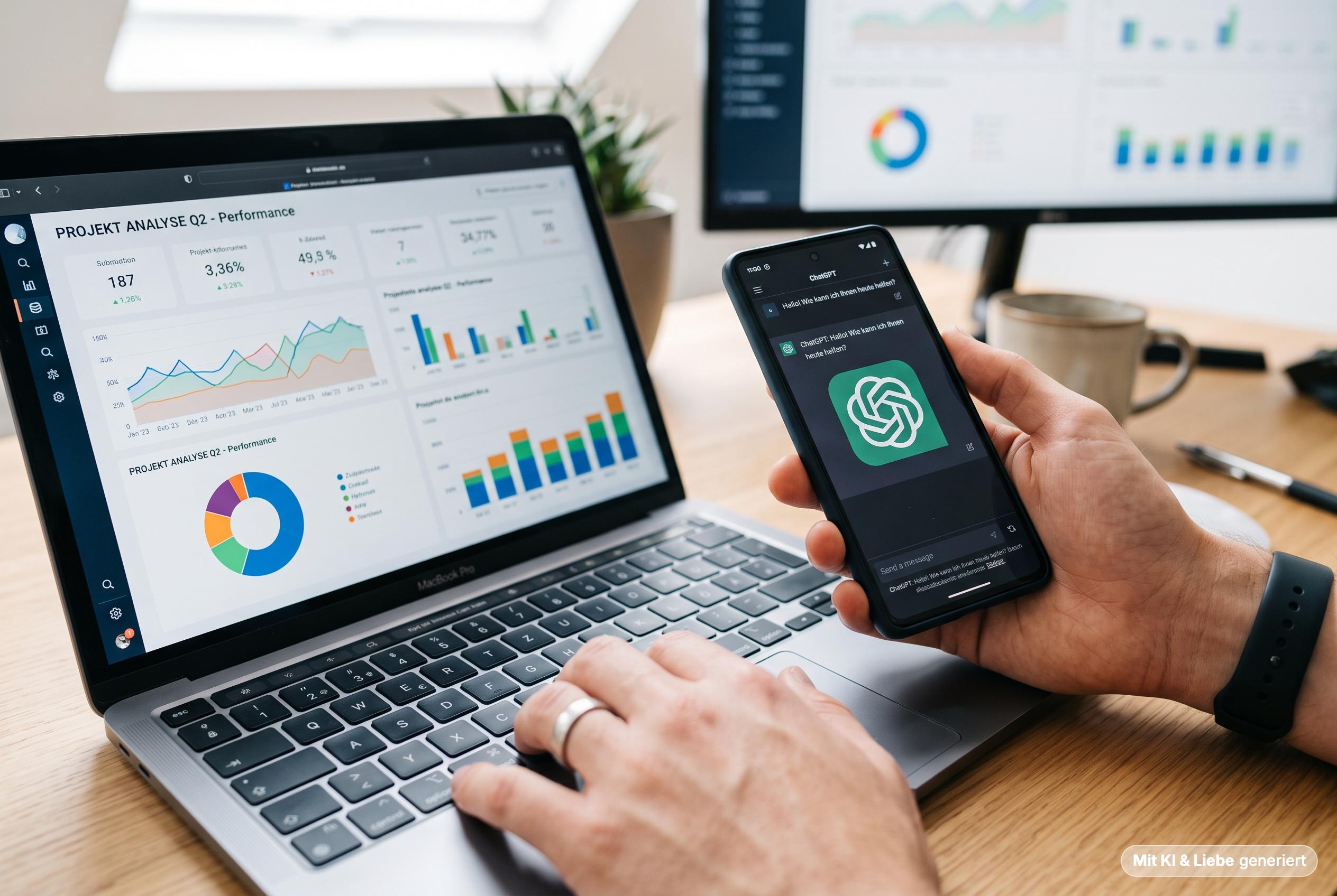 Eine Person tippt auf einem MacBook Pro Laptop, dessen Bildschirm eine detaillierte Projektanalyse mit Performance-Charts und Statistiken zeigt. Die linke Hand der Person hält ein Smartphone, auf dem die ge
r
offnete ChatGPT-App mit der Begrüßungsnachricht "Hallo! Wie kann ich Ihnen heute helfen?" zu sehen ist. Im Hintergrund stehen ein zweiter Monitor mit Datenvisualisierungen, eine Pflanze und eine Kaffeetasse auf dem Holztisch. Dieses Setup ist relevant für die Analyse und Umsetzung von Elephants Monkeys ChatGPT Ads.